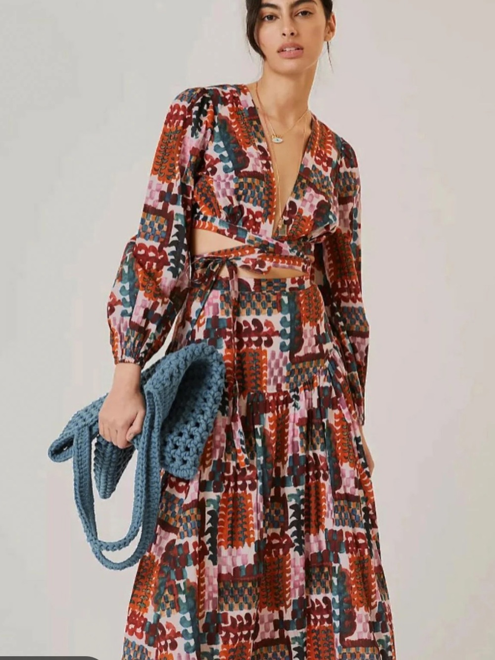 Anthropologie Abstract Print Wrap Crop Top Maxi Skirt Set Size 4